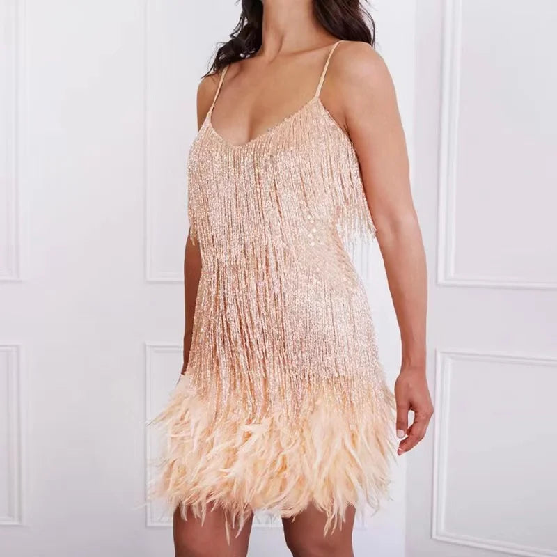 Women's Spaghetti Strap V-Neck Fringe Mini Dress-10