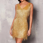 Women's Spaghetti Strap V-Neck Fringe Mini Dress-4