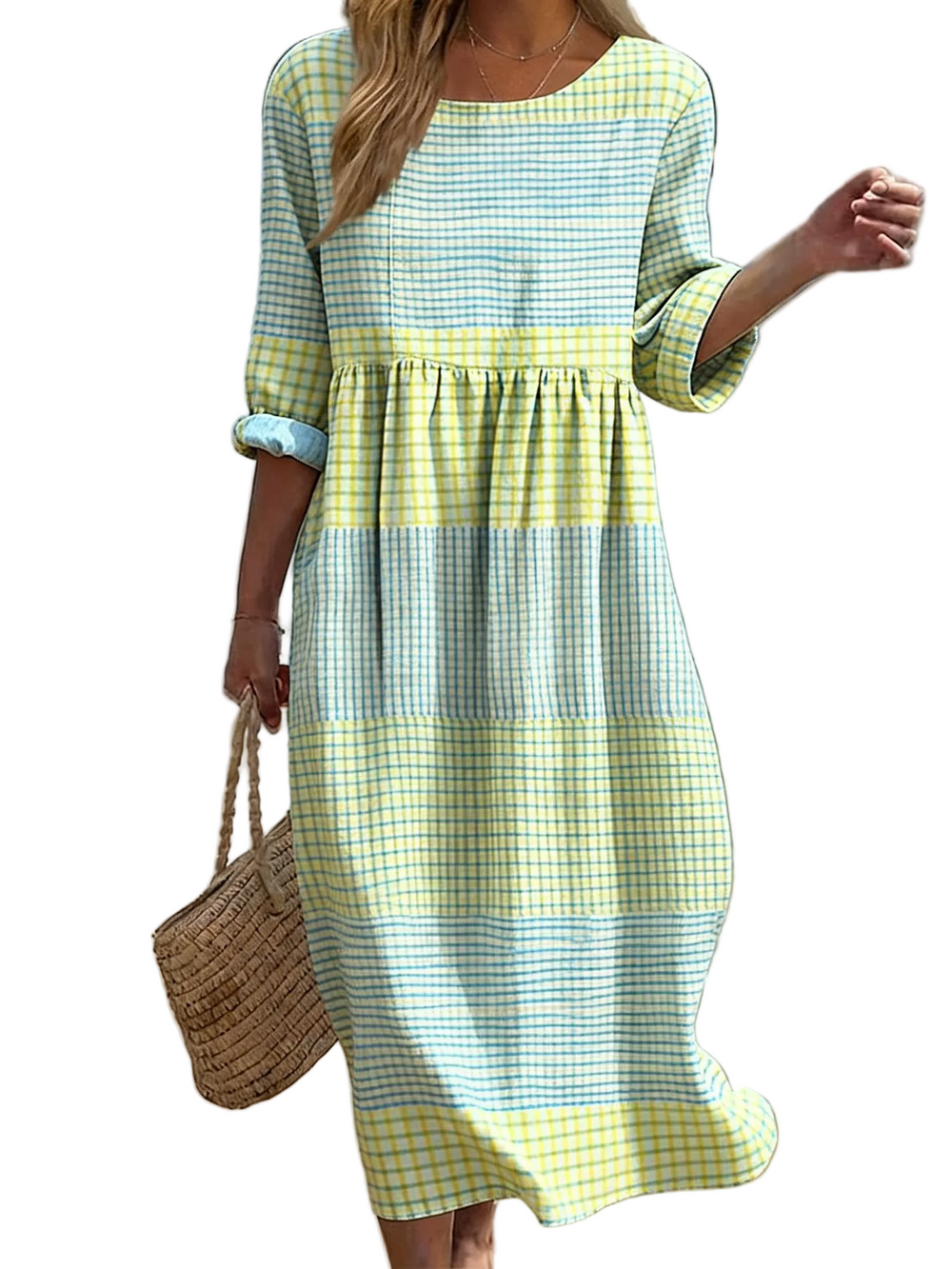 Women's Three-Quarter Sleeve Gingham Colorblock Midi Dress-1