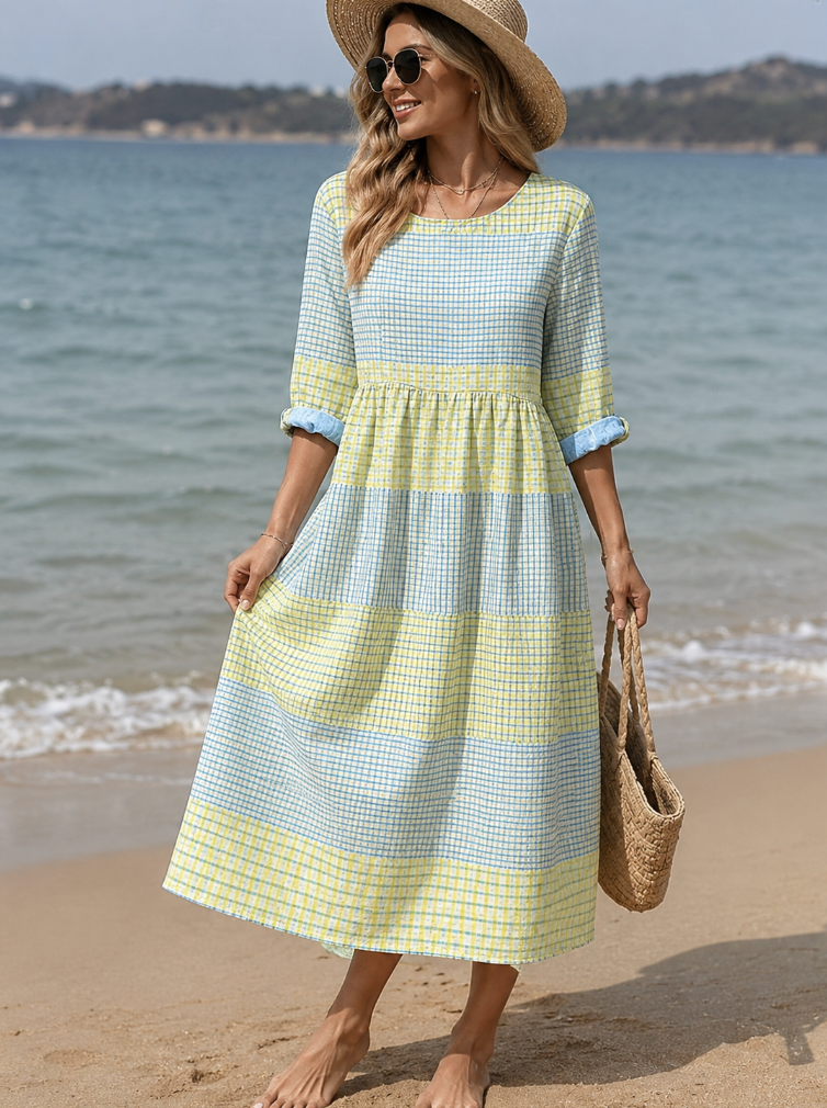 Women's Three-Quarter Sleeve Gingham Colorblock Midi Dress