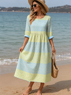 Women's Three-Quarter Sleeve Gingham Colorblock Midi Dress