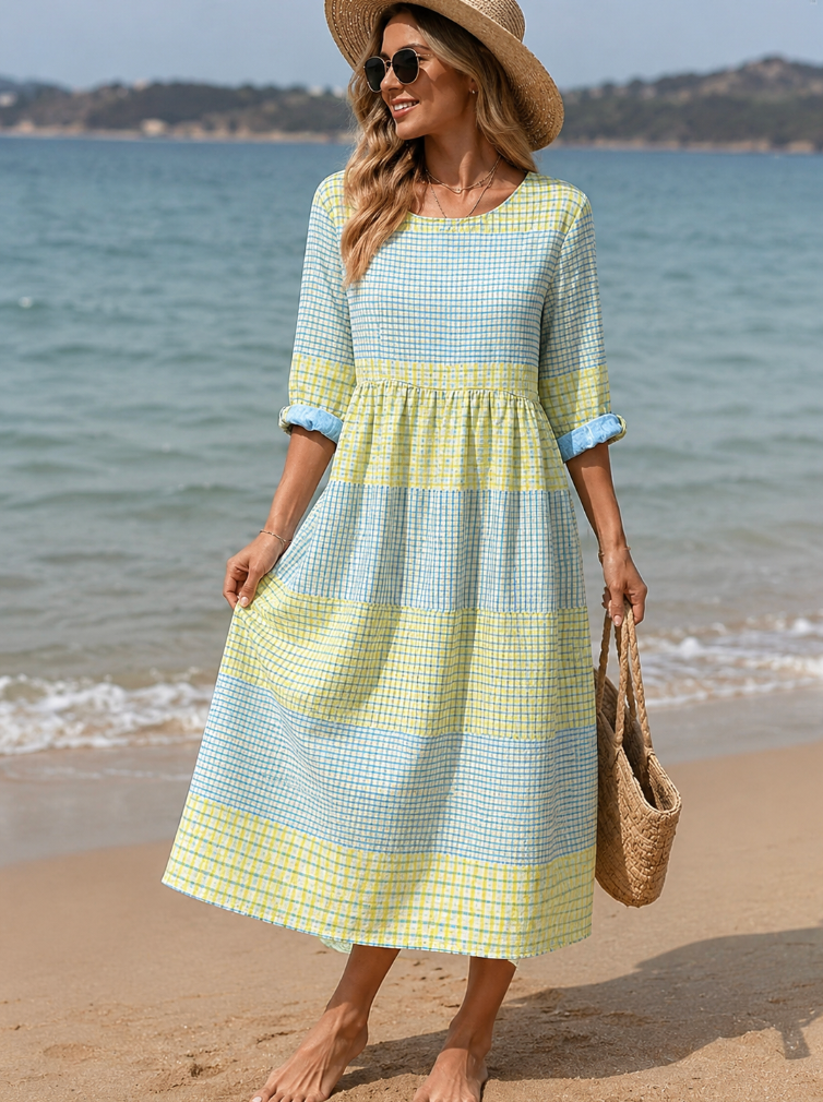 Women's Three-Quarter Sleeve Gingham Colorblock Midi Dress