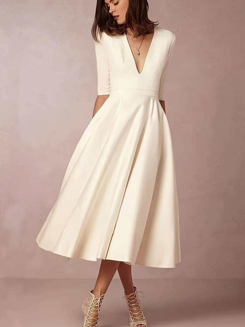 Women's Three-Quarter Sleeve V-Neck Midi Dress-2