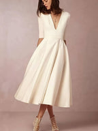 Women's Three-Quarter Sleeve V-Neck Midi Dress-2
