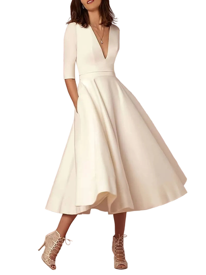 Women's Three-Quarter Sleeve V-Neck Midi Dress-1