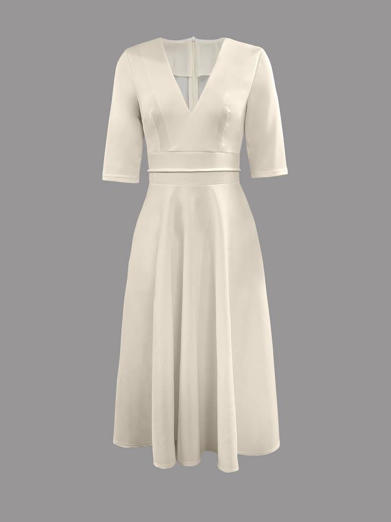 Women's Three-Quarter Sleeve V-Neck Midi Dress-4