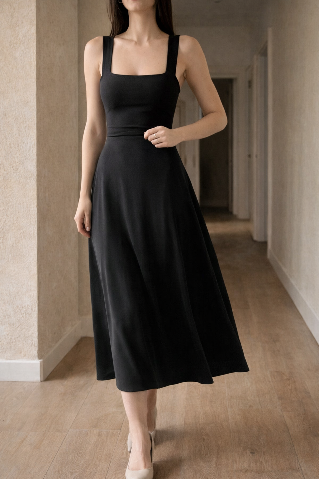 Women's A-Line Midi Dress with Wide Straps