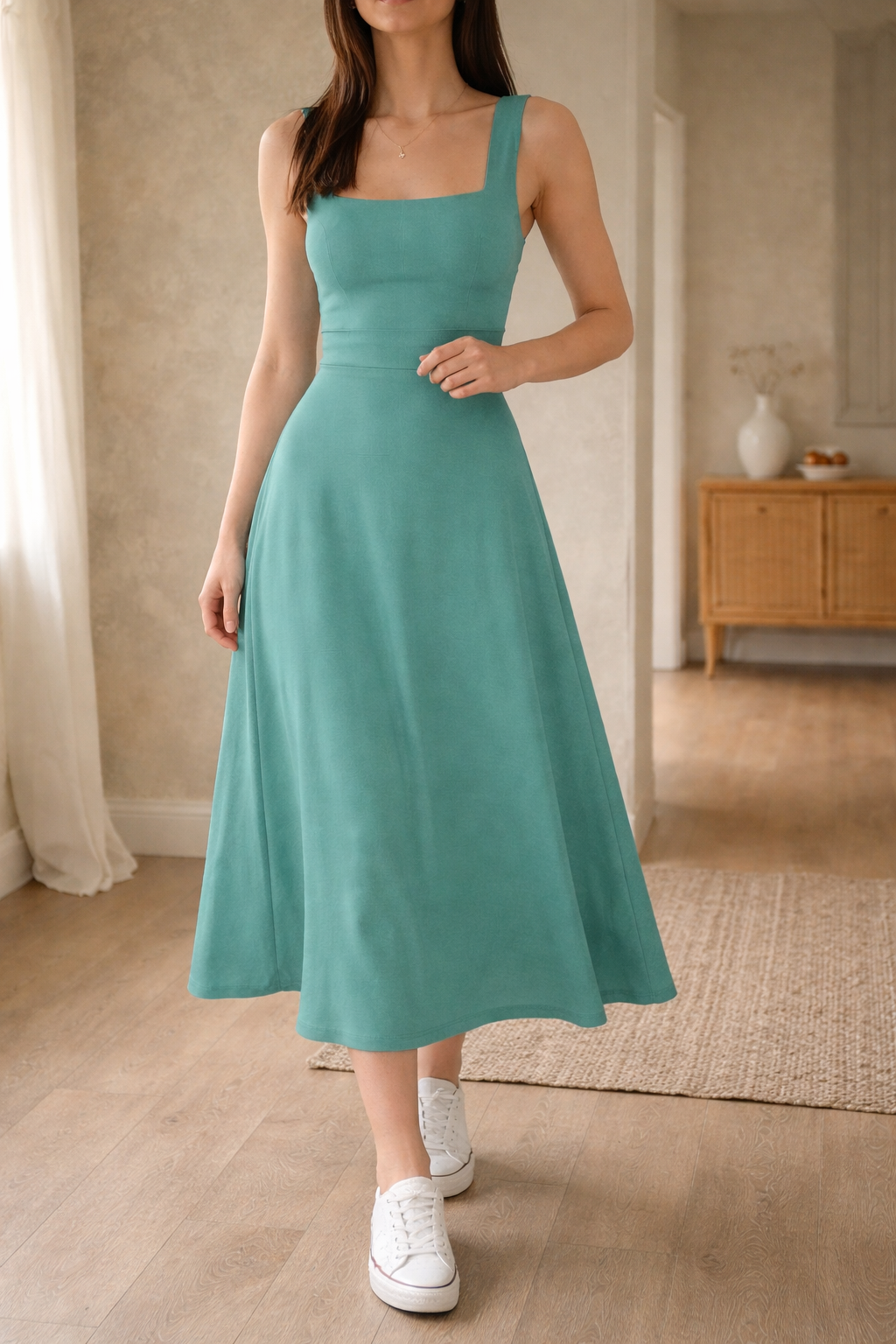 Women's A-Line Midi Dress with Wide Straps