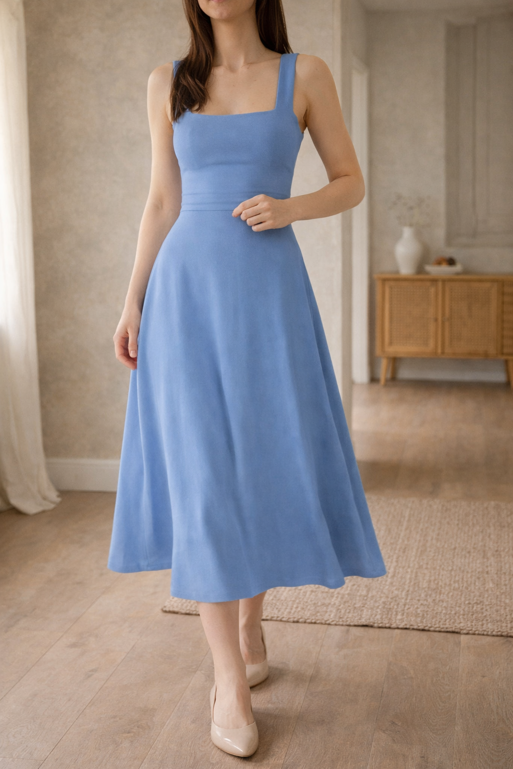 Women's A-Line Midi Dress with Wide Straps