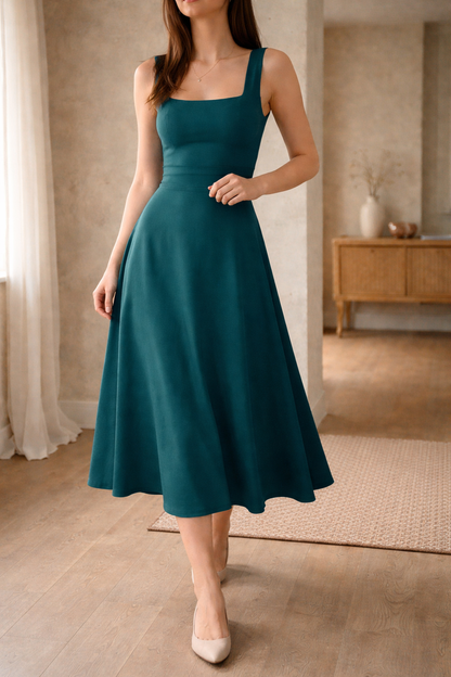 Women's A-Line Midi Dress with Wide Straps