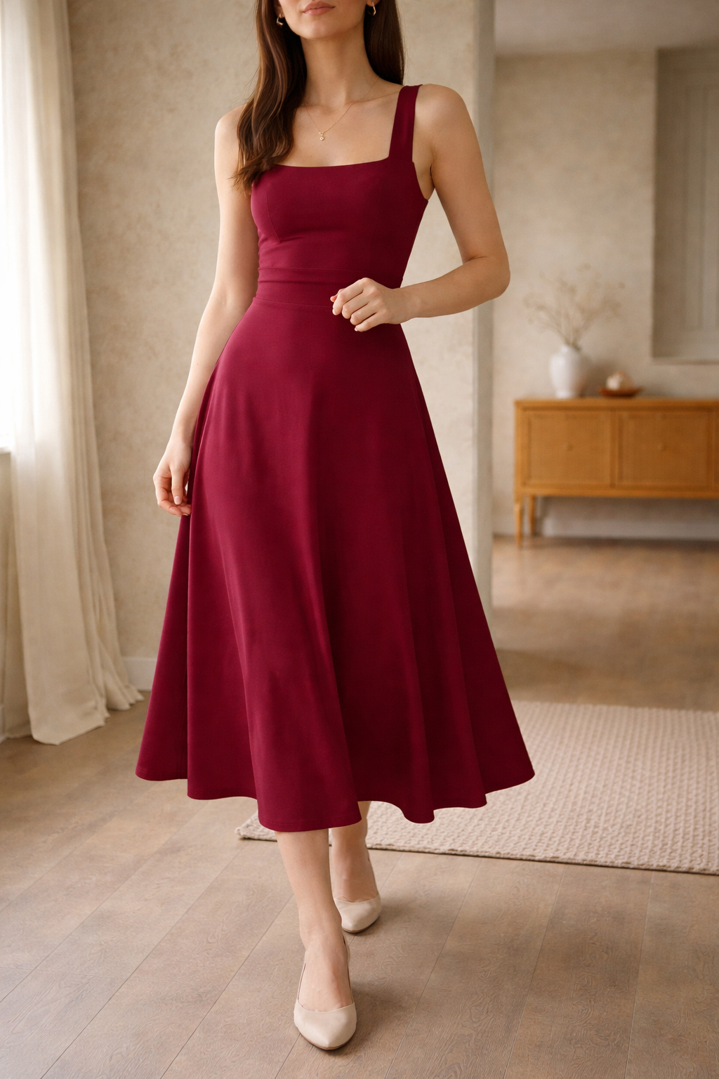 Women's A-Line Midi Dress with Wide Straps