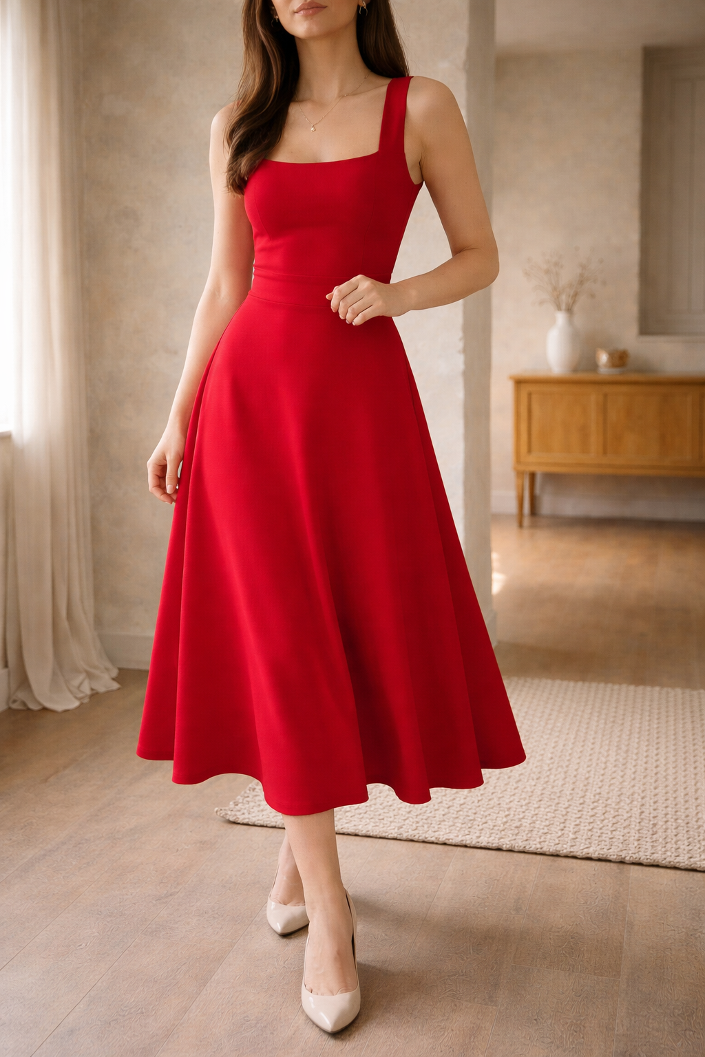 Women's A-Line Midi Dress with Wide Straps