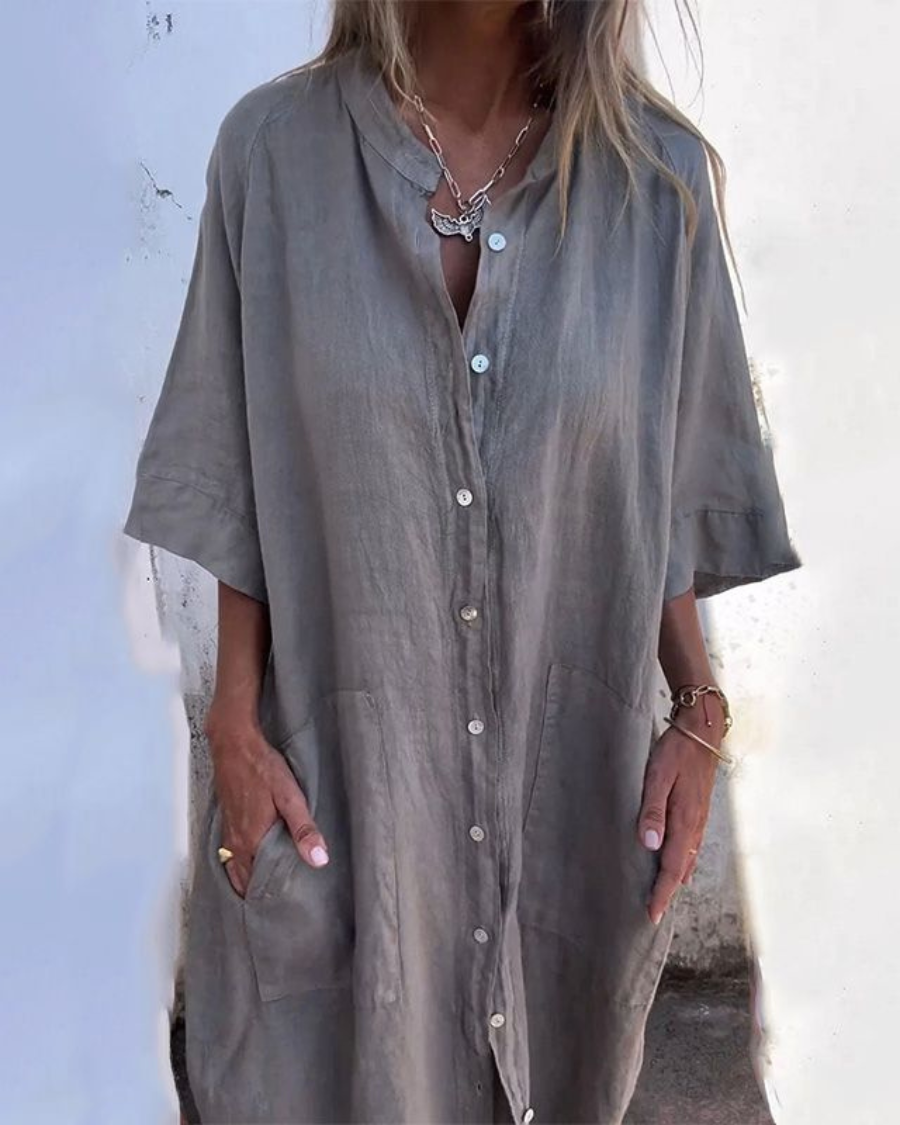 Women's Relaxed Linen Dress with V-Neck