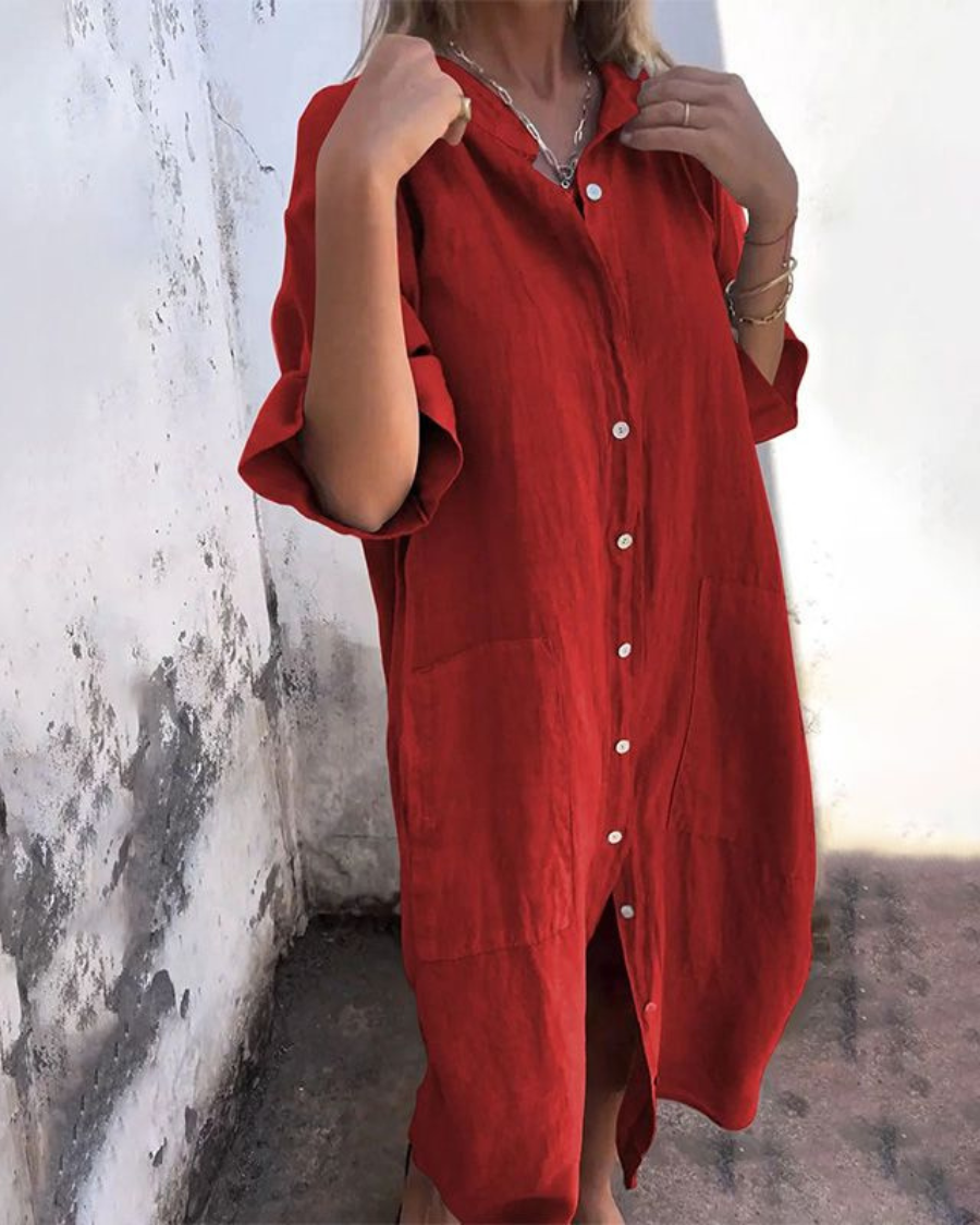 Women's Relaxed Linen Dress with V-Neck