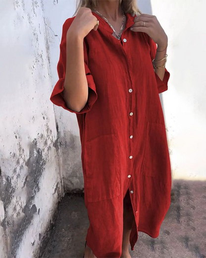 Women's Relaxed Linen Dress with V-Neck