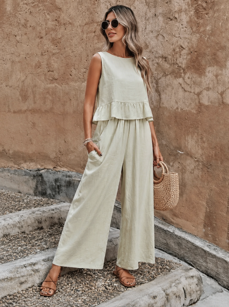 Women's Sleeveless Ruffled Two-Piece Wide-Leg Set