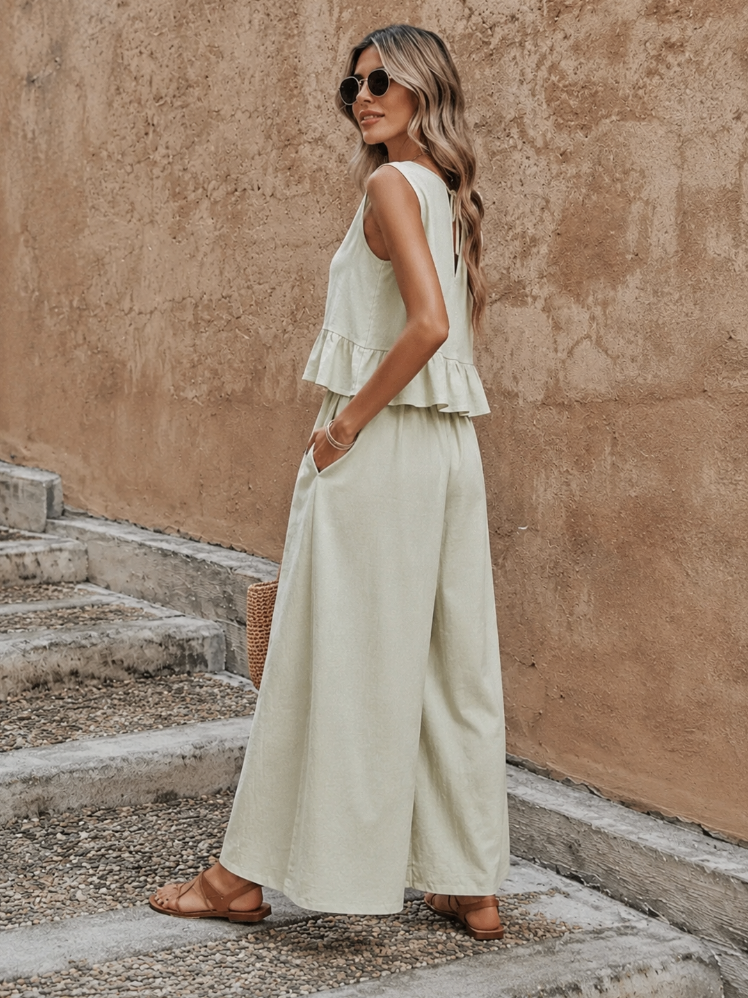 Women's Sleeveless Ruffled Two-Piece Wide-Leg Set