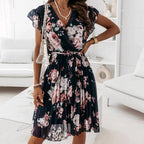 Women's Floral Midi Dress with Ruffled Puff Sleeves-5