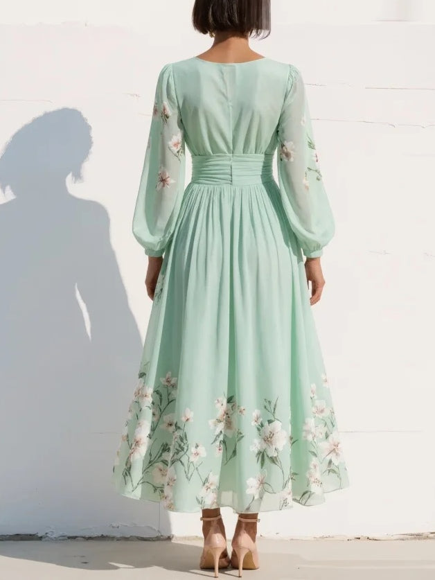 Women's Long Sleeve Floral V-Neck Midi Dress