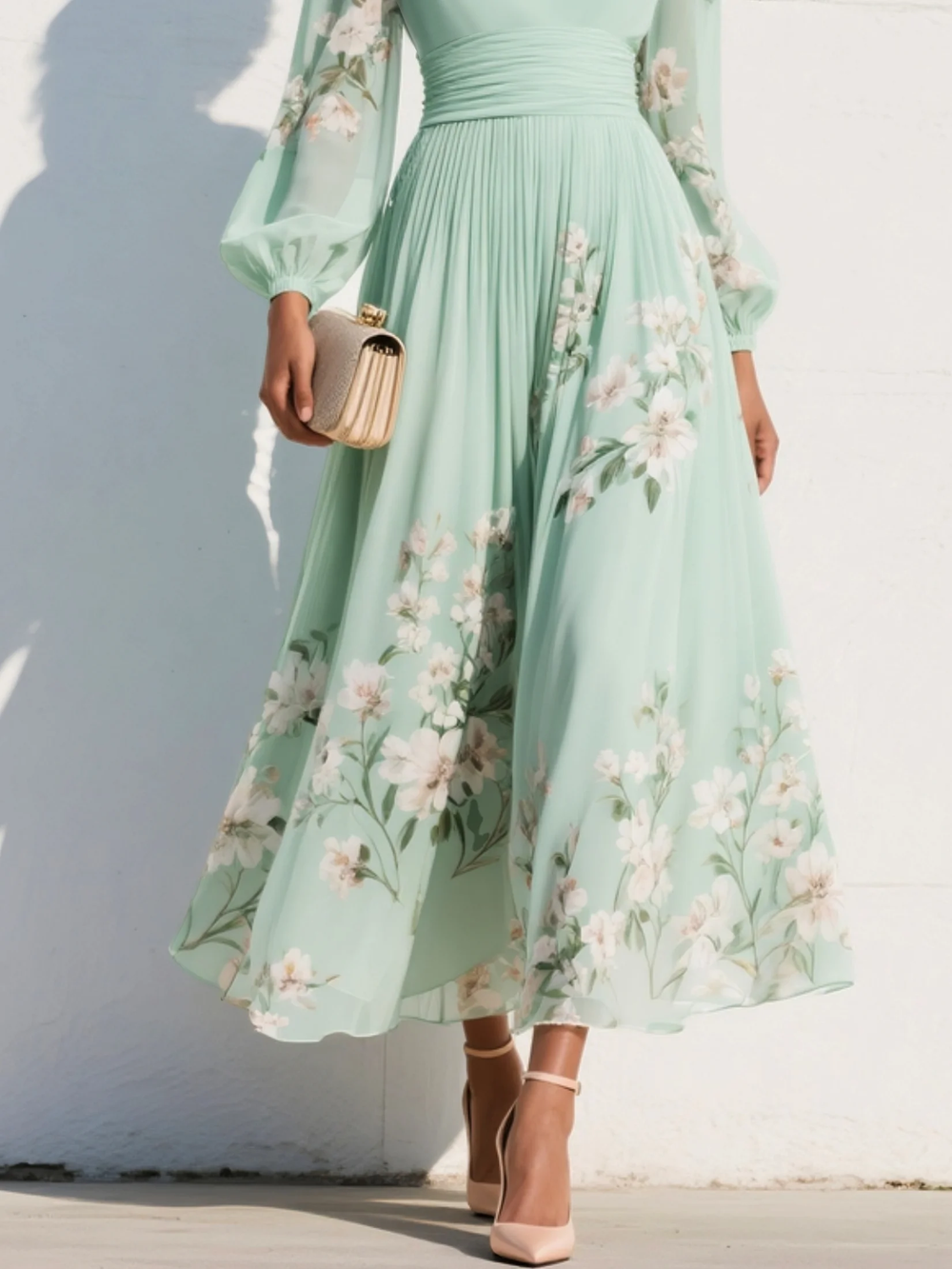 Women's Long Sleeve Floral V-Neck Midi Dress