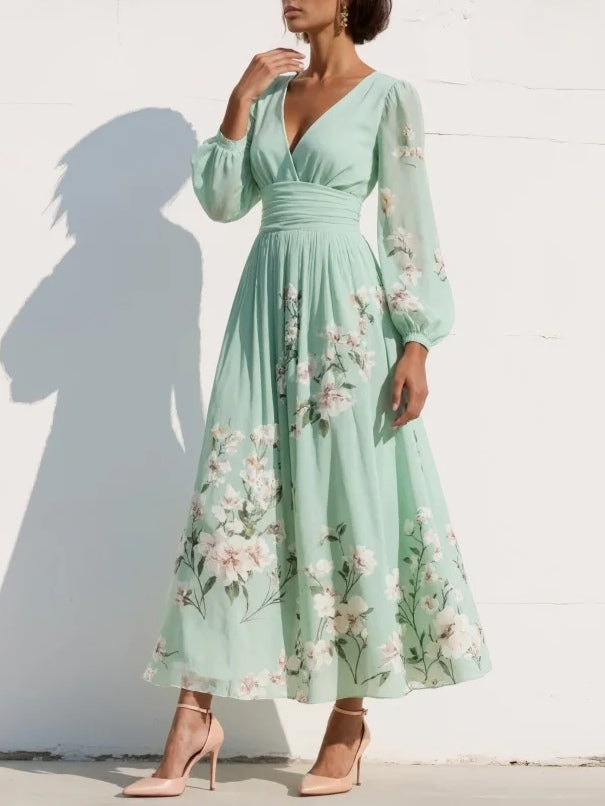 Women's Long Sleeve Floral V-Neck Midi Dress
