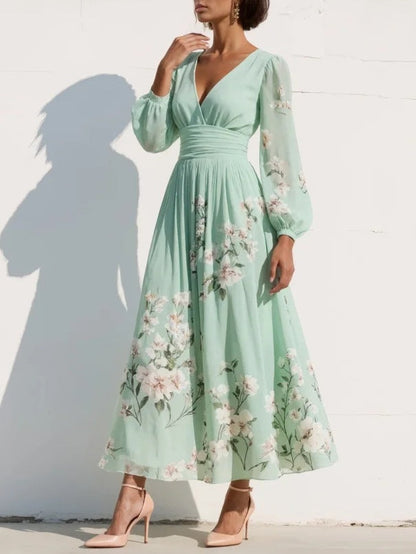 Women's Long Sleeve Floral V-Neck Midi Dress