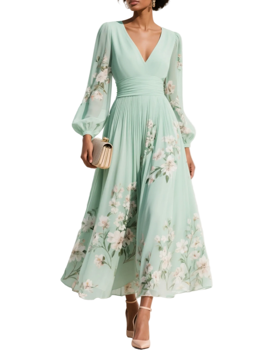 Women's Long Sleeve Floral V-Neck Midi Dress