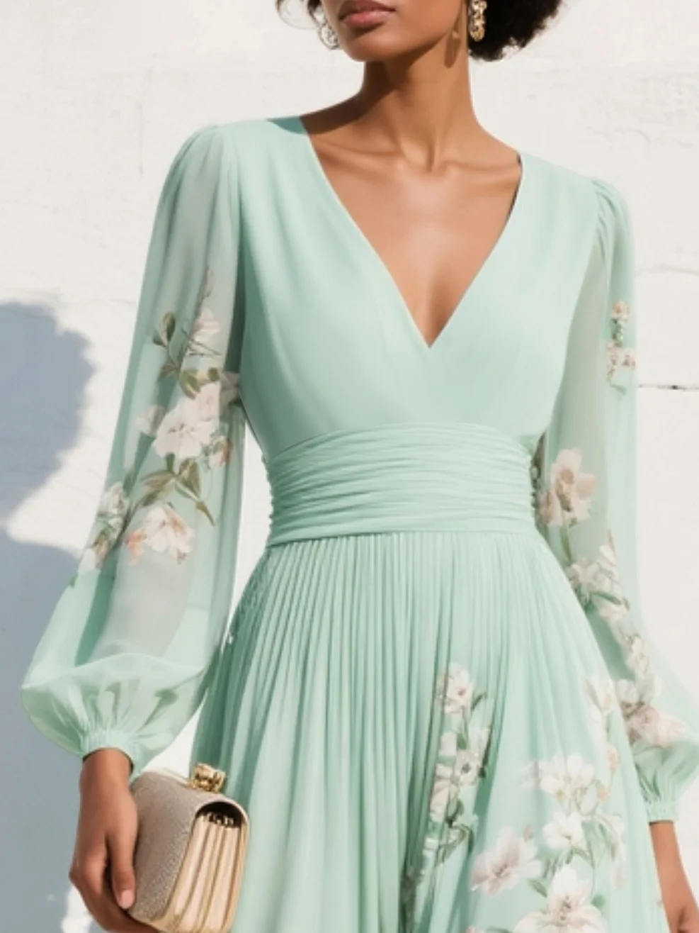 Women's Long Sleeve Floral V-Neck Midi Dress