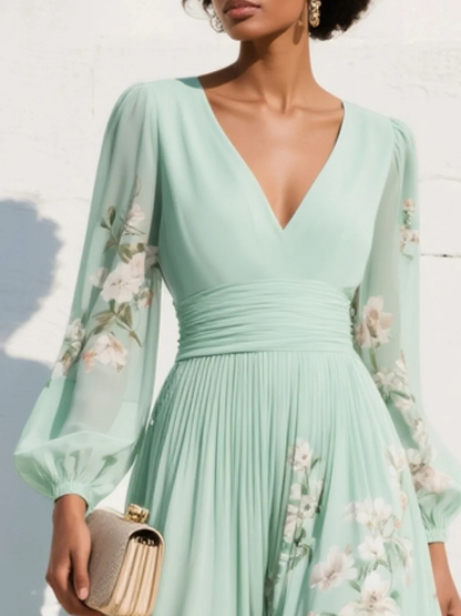 Women's Long Sleeve Floral V-Neck Midi Dress