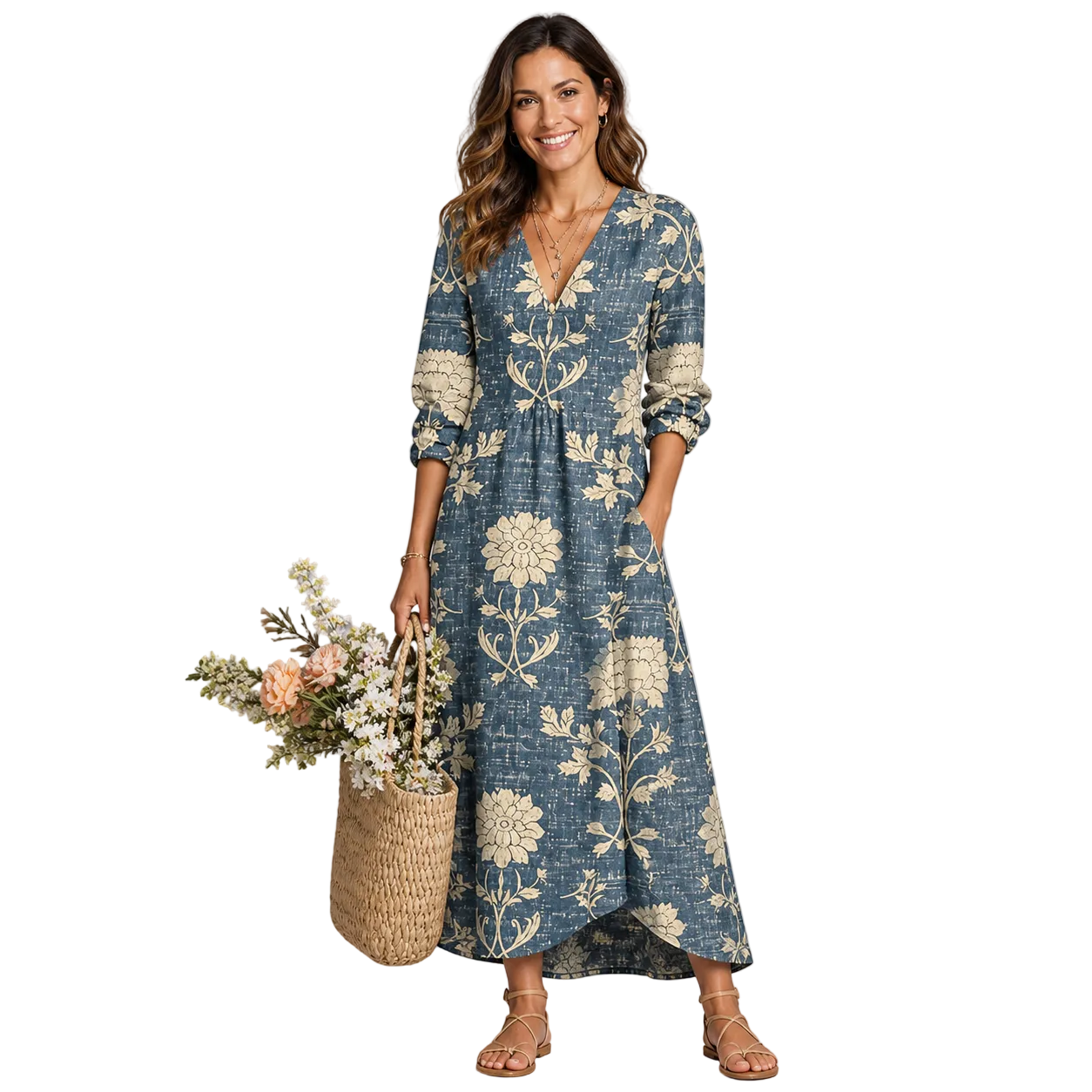 Women's Long Sleeve Maxi Dress With V-Neck
