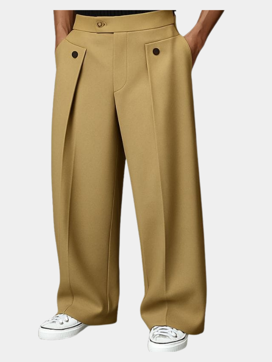 Men's Pleated Wide-Leg Trousers with Button Detail