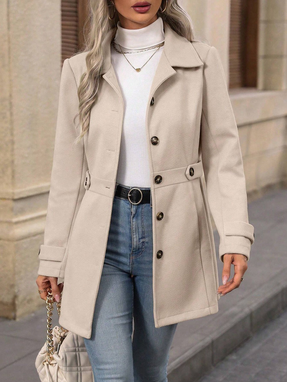 Women's Belted Trench Coat with Notch Lapels