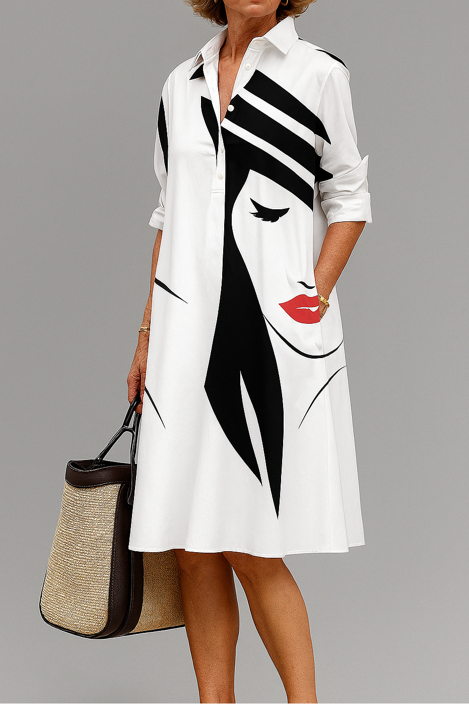 Women's A-Line Midi Dress with Round Neck
