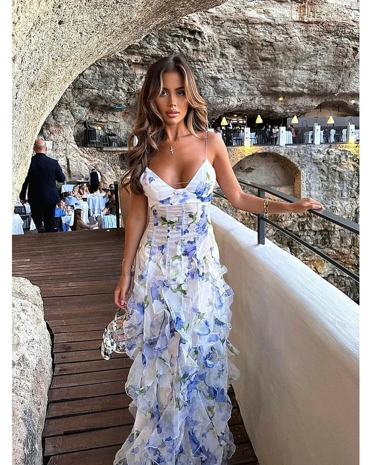 Women's Floral Ruffle Maxi Dress with Sweetheart Neckline