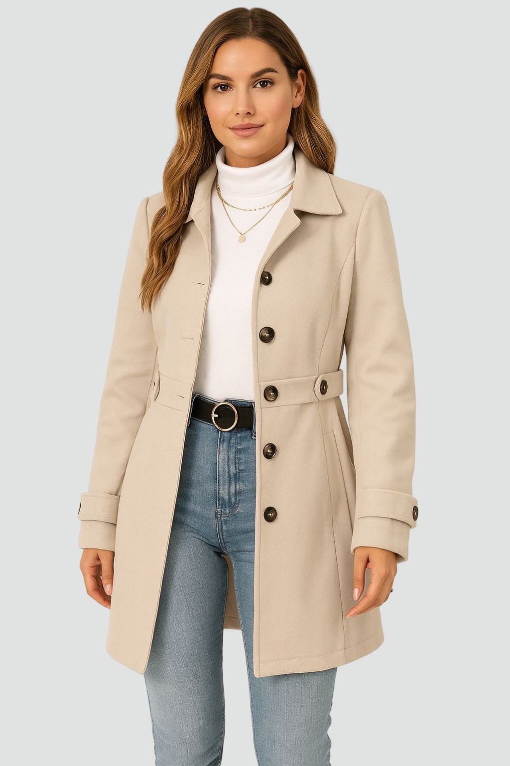 Women's Belted Trench Coat with Notch Lapels
