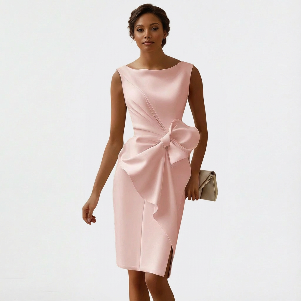 Women's Fitted Midi Dress with Waist Bow