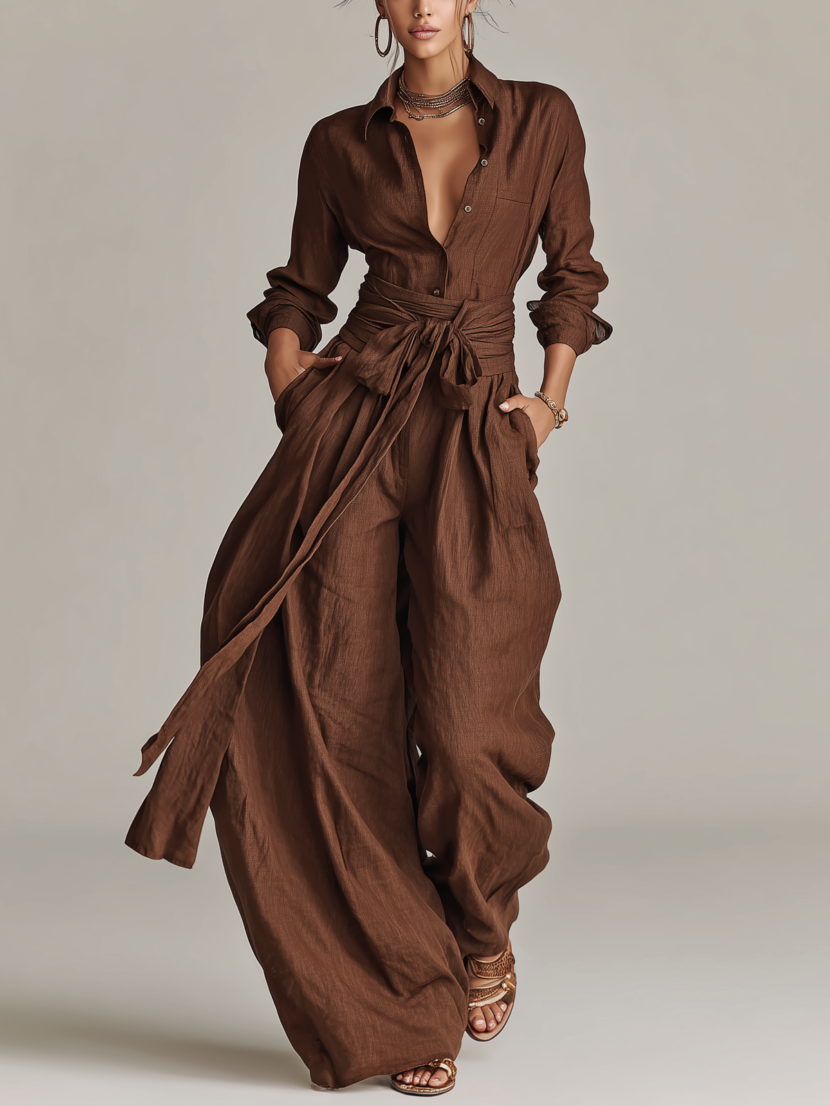 Women's Wide-Leg Jumpsuit with Tie Waist