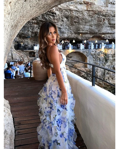 Women's Floral Ruffle Maxi Dress with Sweetheart Neckline