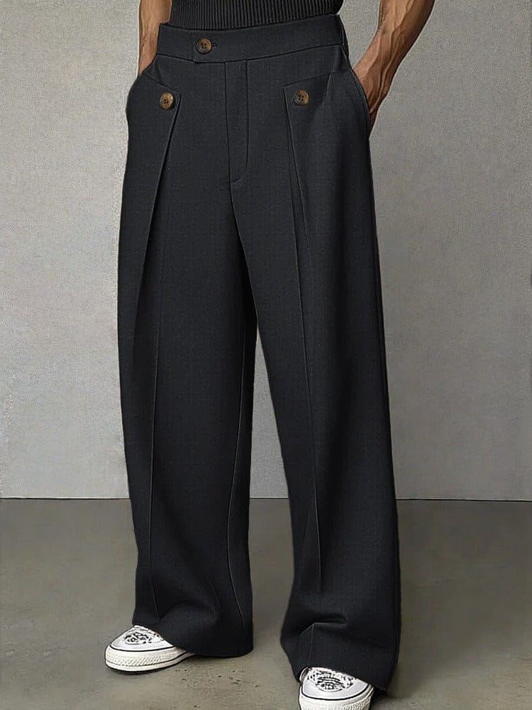 Men's Pleated Wide-Leg Trousers with Button Detail