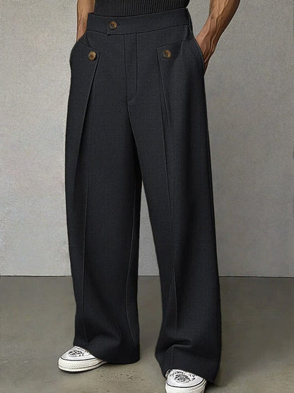 Men's Pleated Wide-Leg Trousers with Button Detail