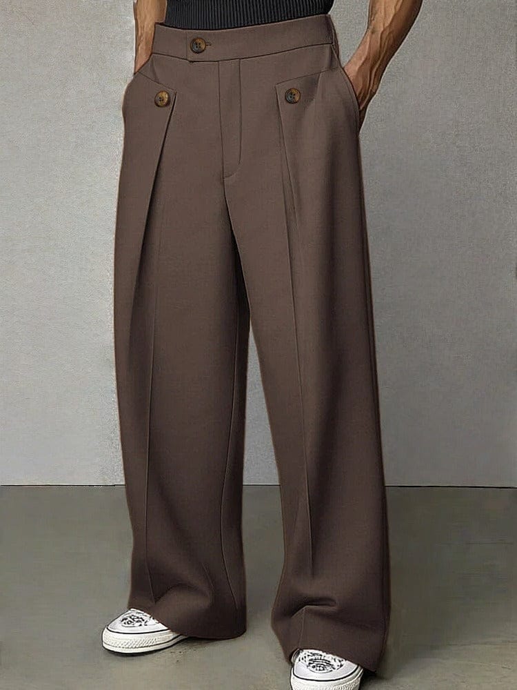 Men's Pleated Wide-Leg Trousers with Button Detail