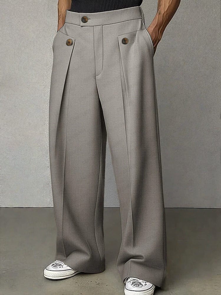 Men's Pleated Wide-Leg Trousers with Button Detail