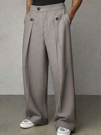 Men's Pleated Wide-Leg Trousers with Button Detail