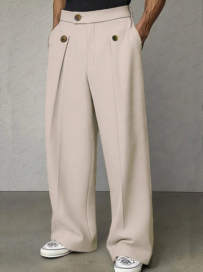 Men's Pleated Wide-Leg Trousers with Button Detail