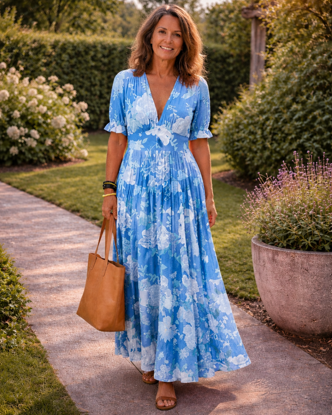 Women's Floral V-Neck Maxi Dress with Short Sleeves