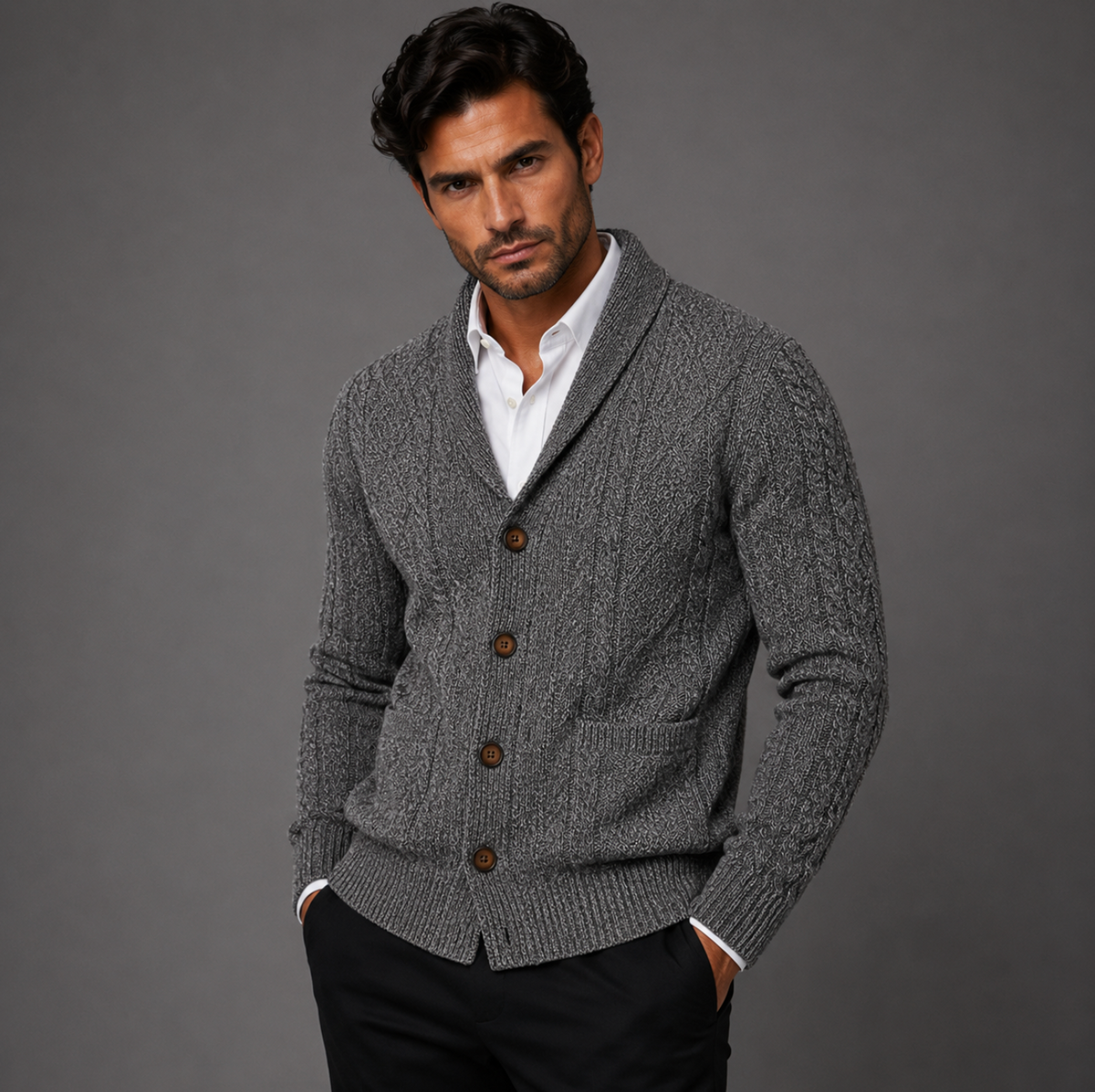 Men's Cable Knit Cardigan with Shawl Collar