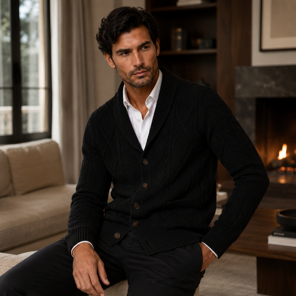 Men's Cable Knit Cardigan with Shawl Collar