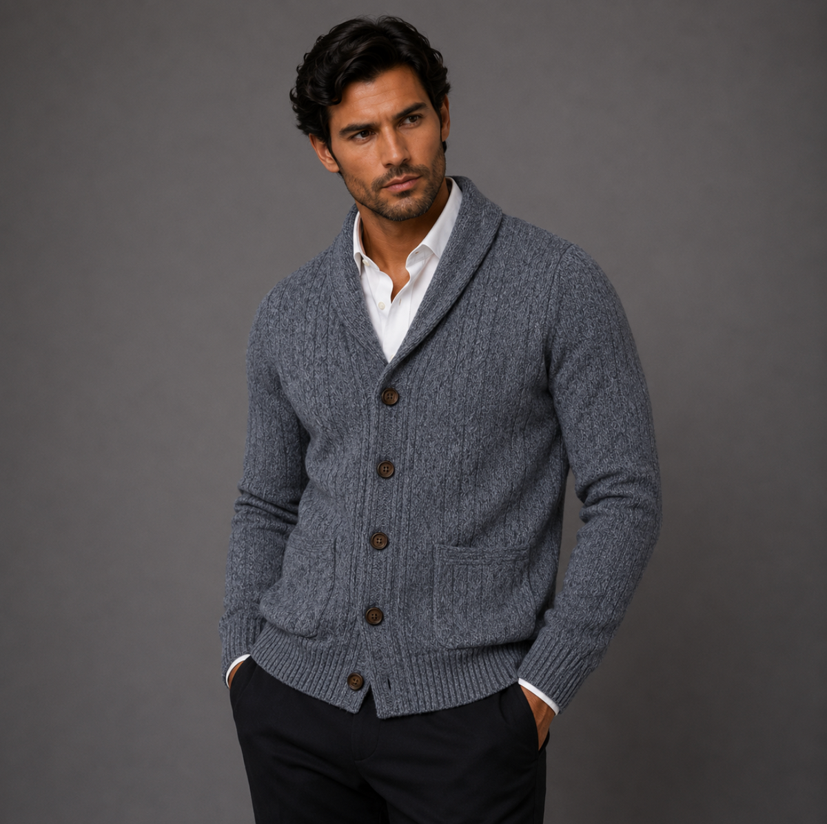 Men's Cable Knit Cardigan with Shawl Collar