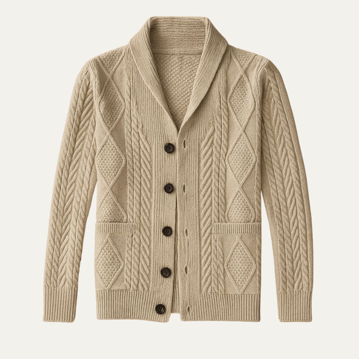 Men's Cable Knit Cardigan with Shawl Collar