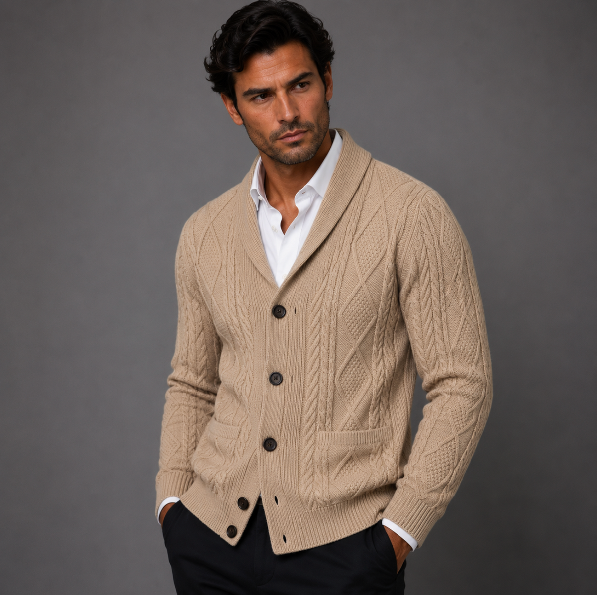 Men's Cable Knit Cardigan with Shawl Collar